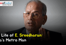 The Life of E. Sreedharan: India’s Metro Man Portrait of E. Sreedharan wearing glasses, with text reading ‘The Life of E. Sreedharan: India’s Metro Man’ and a MapsofIndia logo in the top corner.