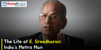 The Life of E. Sreedharan: India’s Metro Man Portrait of E. Sreedharan wearing glasses, with text reading ‘The Life of E. Sreedharan: India’s Metro Man’ and a MapsofIndia logo in the top corner.