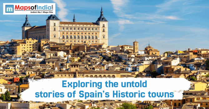 Panoramic view of the historic city of Toledo, Spain, featuring the Alcázar fortress on a hill overlooking a dense cluster of traditional buildings under a blue sky.