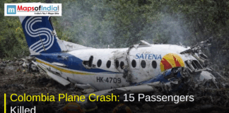 Colombia Plane Crash: 15 Passengers Killed Wreckage of a SATENA aircraft after a plane crash in a forested area in Colombia, with smoke rising and text reading “Colombia Plane Crash: 15 Passengers Killed” and Maps of India logo