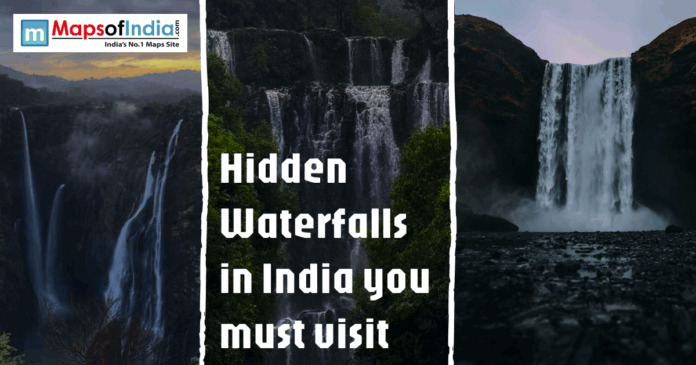 A collage of three different Indian waterfalls with the text "Hidden Waterfalls in India you must visit."