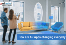 How AR Apps Are Changing Everyday Life A couple using a tablet to visualize 3D wireframe furniture in a real room using an AR interior design app.