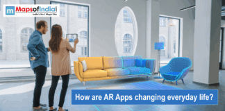 How AR Apps Are Changing Everyday Life A couple using a tablet to visualize 3D wireframe furniture in a real room using an AR interior design app.