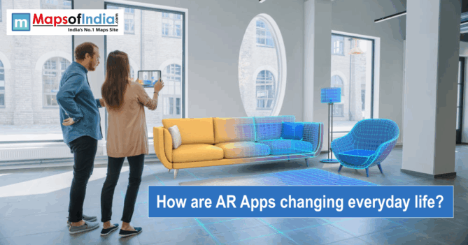 A couple using a tablet to visualize 3D wireframe furniture in a real room using an AR interior design app.