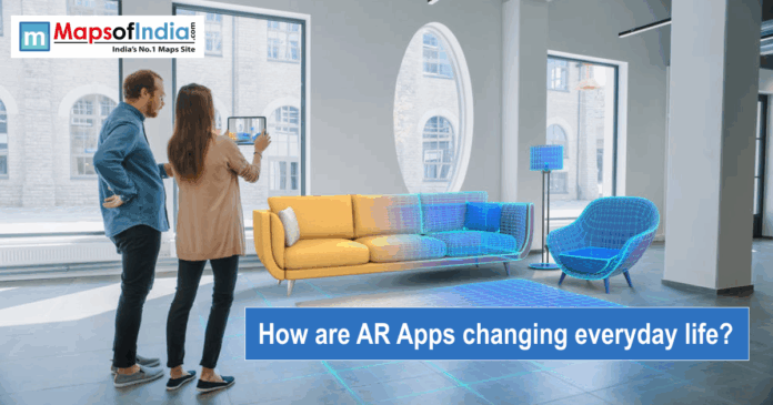 A couple using a tablet to visualize 3D wireframe furniture in a real room using an AR interior design app.
