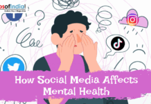How Social Media Affects Mental Health An illustration of a person looking distressed and overwhelmed, surrounded by social media icons (Instagram, TikTok, Twitter) and chaotic scribbles, with the text "How Social Media Affects Mental Health."