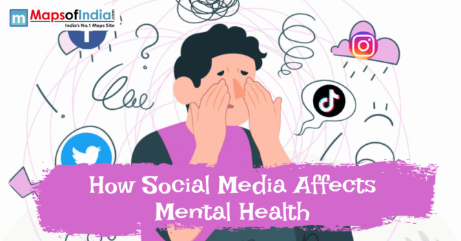 An illustration of a person looking distressed and overwhelmed, surrounded by social media icons (Instagram, TikTok, Twitter) and chaotic scribbles, with the text "How Social Media Affects Mental Health."