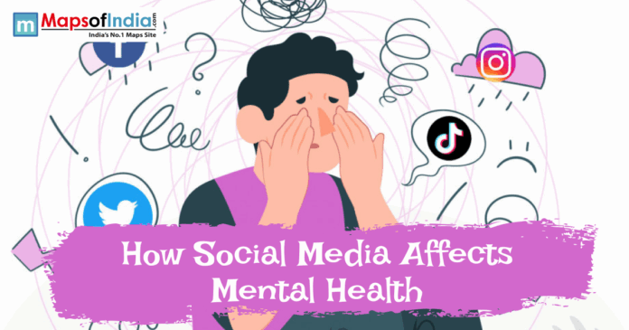 An illustration of a person looking distressed and overwhelmed, surrounded by social media icons (Instagram, TikTok, Twitter) and chaotic scribbles, with the text "How Social Media Affects Mental Health."