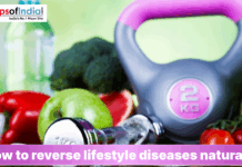 How to Reverse Lifestyle Diseases Naturally Healthy lifestyle concept with fruits, vegetables, dumbbells, kettlebell, and water bottle representing natural ways to reverse lifestyle diseases.
