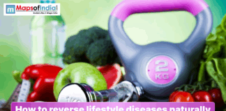 How to Reverse Lifestyle Diseases Naturally Healthy lifestyle concept with fruits, vegetables, dumbbells, kettlebell, and water bottle representing natural ways to reverse lifestyle diseases.