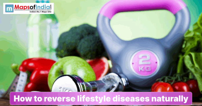 How to reverse lifestyle Healthy lifestyle concept with fruits, vegetables, dumbbells, kettlebell, and water bottle representing natural ways to reverse lifestyle diseases.