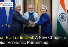 India–EU Trade Deal: A New Chapter in Global Economic Partnership Indian Prime Minister Narendra Modi shakes hands with EU leaders between European Union and Indian flags, symbolizing the India–EU trade deal and global economic partnership.