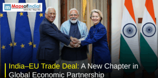 India–EU Trade Deal: A New Chapter in Global Economic Partnership Indian Prime Minister Narendra Modi shakes hands with EU leaders between European Union and Indian flags, symbolizing the India–EU trade deal and global economic partnership.