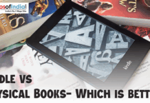 Kindle vs Physical Books: Which is Better An Amazon Kindle e-reader laying on top of a stack of physical paperback books with the text overlay "KINDLE VS PHYSICAL BOOKS- WHICH IS BETTER?"