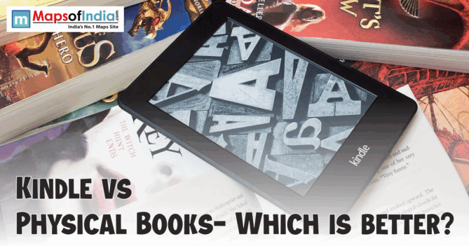 An Amazon Kindle e-reader laying on top of a stack of physical paperback books with the text overlay "KINDLE VS PHYSICAL BOOKS- WHICH IS BETTER?"