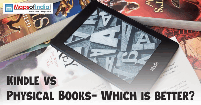 Kindle vs physical books An Amazon Kindle e-reader laying on top of a stack of physical paperback books with the text overlay "KINDLE VS PHYSICAL BOOKS- WHICH IS BETTER?"
