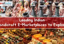 Top Indian handicraft e-marketplaces to explore A vibrant display of diverse Indian handicrafts, including traditional figurines, pottery, brass ornaments, and decorative items, featuring the text "Leading Indian Handicraft E-Marketplaces to Explore."