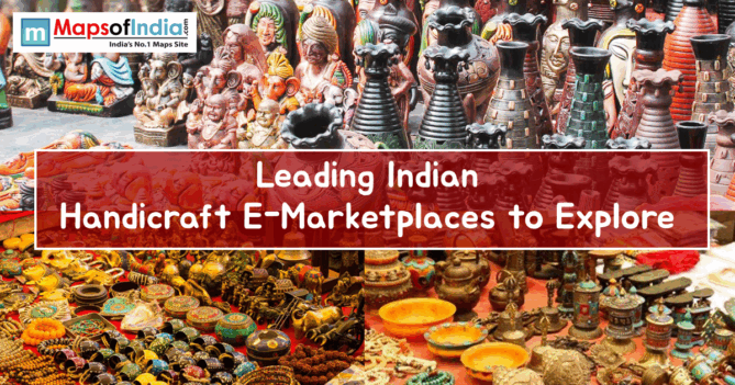 A vibrant display of diverse Indian handicrafts, including traditional figurines, pottery, brass ornaments, and decorative items, featuring the text "Leading Indian Handicraft E-Marketplaces to Explore."