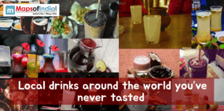Local Drinks Around the World You’ve Never Tasted A collage of diverse traditional and colorful local drinks, primarily from India, featuring beverages in bamboo shoots, clay pots, and glassware. A red central banner reads, "Local drinks around the world you’ve never tasted."