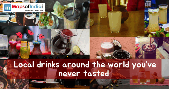 A collage of diverse traditional and colorful local drinks, primarily from India, featuring beverages in bamboo shoots, clay pots, and glassware. A red central banner reads, "Local drinks around the world you’ve never tasted."