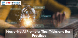 Mastering AI Prompts: Tips, Tricks, And Best Practices Illustration of a glowing “AI” interface with icons for text-to-image, generate content, and assistant features over a blurred laptop background, promoting “Mastering AI Prompts: Tips, Tricks and Best Practices,” branded by MapsofIndia.com