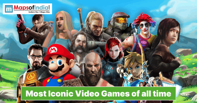 A collage of famous video game characters set against a grassy mountain background. The image includes iconic figures such as Mario, Link, Master Chief, Kratos, and Geralt of Rivia. A green banner at the bottom reads "Most Iconic Video Games of all time," and the "MapsOfIndia" logo is in the top left corner.