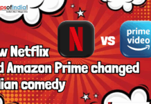 How Netflix and Amazon Prime changed Indian comedy Graphic showing Netflix and Amazon Prime Video logos with the text “How Netflix and Amazon Prime changed Indian comedy,” highlighting the impact of OTT platforms on Indian entertainment, with Maps of India branding.
