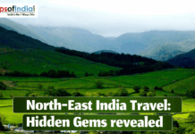 North East India Travel Hidden Gems Revealed Scenic green hills and valleys of North East India with text “North-East India Travel: Hidden Gems Revealed” and Maps of India logo displayed.