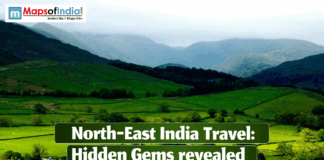 North East India Travel Hidden Gems Revealed Scenic green hills and valleys of North East India with text “North-East India Travel: Hidden Gems Revealed” and Maps of India logo displayed.