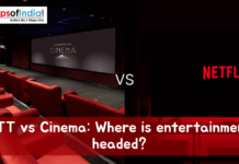 OTT vs Cinema: Where Is Entertainment Headed Split image showing an empty red-seated cinema hall on one side and a Netflix logo on the other, with text reading ‘OTT vs Cinema: Where is entertainment headed?’ and a MapsofIndia logo at the top.