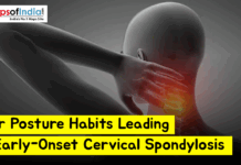 Poor Posture Habits Leading to Early-Onset Cervical Spondylosis Illustration showing a person holding their neck with highlighted pain, representing poor posture habits leading to early-onset cervical spondylosis.