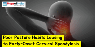 Poor Posture Habits Leading to Early-Onset Cervical Spondylosis Illustration showing a person holding their neck with highlighted pain, representing poor posture habits leading to early-onset cervical spondylosis.
