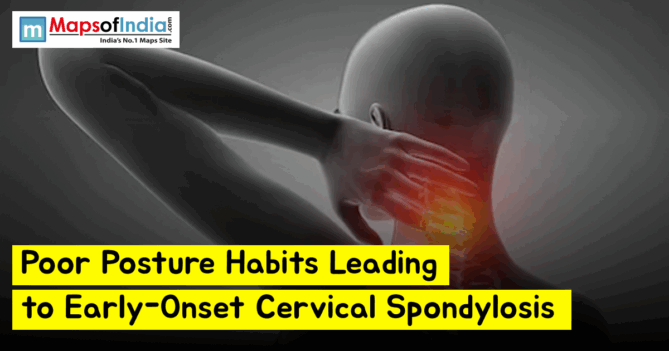 Illustration showing a person holding their neck with highlighted pain, representing poor posture habits leading to early-onset cervical spondylosis.