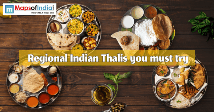 Plates of regional Indian thalis featuring diverse traditional dishes from across India.