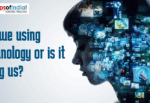 Are We Using Technology Or Is It Using Us Side profile of a person’s face filled with digital screens, data visuals, and technology icons, alongside the text ‘Are we using technology or is it using us?’ and a MapsofIndia logo at the top.