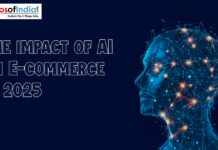 The Impact of AI on E-commerce in 2025 An image featuring a glowing, digital blue profile of a human head constructed from interconnected lines and dots. To the left, large outlined text reads "THE IMPACT OF AI ON E-COMMERCE IN 2025." The logo for "Maps of India" is visible in the top-left corner.