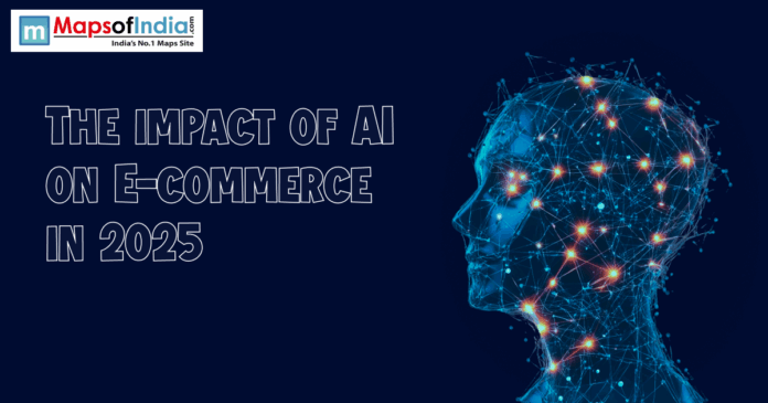 An image featuring a glowing, digital blue profile of a human head constructed from interconnected lines and dots. To the left, large outlined text reads "THE IMPACT OF AI ON E-COMMERCE IN 2025." The logo for "Maps of India" is visible in the top-left corner.