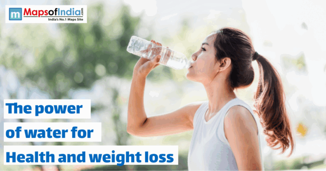 An Asian woman with her hair in a ponytail is outdoors, drinking water from a clear plastic bottle. The text on the image reads, "The power of water for Health and weight loss," with a "Maps of India" logo in the top left corner.
