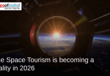 Space Tourism is becoming a reality in 2026 View of the sun rising over Earth’s horizon through a circular spacecraft window, with the text "The Space Tourism is becoming a reality in 2026."