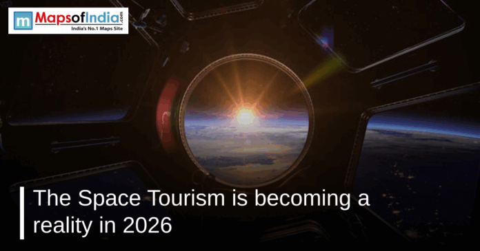 View of the sun rising over Earth’s horizon through a circular spacecraft window, with the text "The Space Tourism is becoming a reality in 2026."