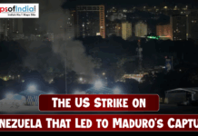 The US Strike on Venezuela That Led to Maduro’s Capture Night-time city skyline with smoke rising, illustrating the US strike on Venezuela leading to Maduro’s capture.