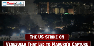The US Strike on Venezuela That Led to Maduro’s Capture Night-time city skyline with smoke rising, illustrating the US strike on Venezuela leading to Maduro’s capture.