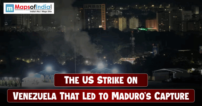 Night-time city skyline with smoke rising, illustrating the US strike on Venezuela leading to Maduro’s capture.
