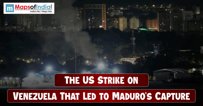The us Strike(1) Night-time city skyline with smoke rising, illustrating the US strike on Venezuela leading to Maduro’s capture.