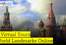 Top Virtual Tours of World Landmarks Online Top Virtual Tours of World Landmarks Online banner featuring St. Basil’s Cathedral and the Kremlin towers in Moscow under a cloudy sky, with Maps of India logo displayed.