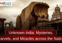 Unknown India: Mysteries, Marvels, and Miracles across the Nation A sepia-toned photo of the giant monolithic Nandi and Shiva Lingam sculptures at the Lepakshi Temple, with the text "Unknown India: Mysteries, Marvels, and Miracles across the Nation