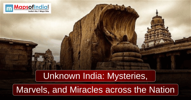 A sepia-toned photo of the giant monolithic Nandi and Shiva Lingam sculptures at the Lepakshi Temple, with the text "Unknown India: Mysteries, Marvels, and Miracles across the Nation