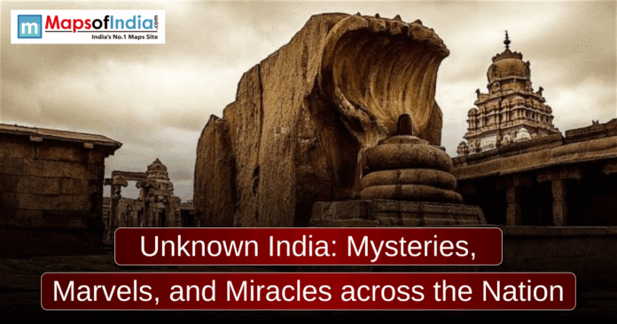 A sepia-toned photo of the giant monolithic Nandi and Shiva Lingam sculptures at the Lepakshi Temple, with the text "Unknown India: Mysteries, Marvels, and Miracles across the Nation