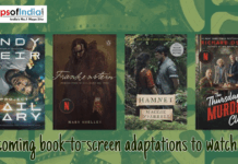 Upcoming Book-to-Screen Adaptations to Watch For Graphic showcasing book covers of upcoming book-to-screen adaptations, including Project Hail Mary, Frankenstein, Hamnet, and The Thursday Murder Club, with the text “Upcoming book-to-screen adaptations to watch for” and Maps of India branding