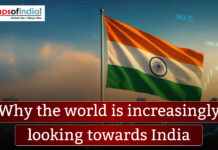 Why The World Is Increasingly Looking Towards India Vibrant green Northern Lights (Aurora Borealis) glowing over a dark, jagged mountain range and reflecting in a calm body of water, with the text "Unique things about the world that still amaze us."